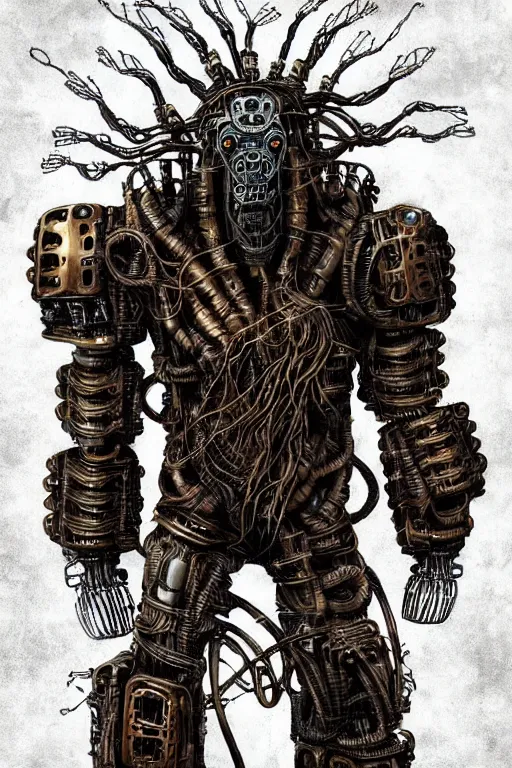 Image similar to wild monstorous anthropomorphic biomechanical bear warrior wearing dreadlocks made of cables and wires. Upgraded with hightech cyberwares. huge, big, giant bear human hybrid, mecha animal, tall, detailed woodcut armor, terrifying and dangerous, scary, beautiful, steampunk monster android hybrid art portrait, matte scifi fantasy painting, half robot half bear. DeviantArt Artstation, by Jason Felix by Steve Argyle by Tyler Jacobson by Peter Mohrbacher, cinematic lighting