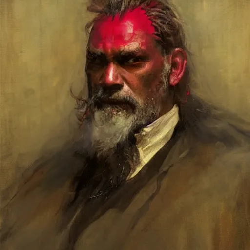 Prompt: Solomon Joseph Solomon and Richard Schmid and Jeremy Lipking victorian genre painting portrait painting of a old rugged dragon character in fantasy costume, red background