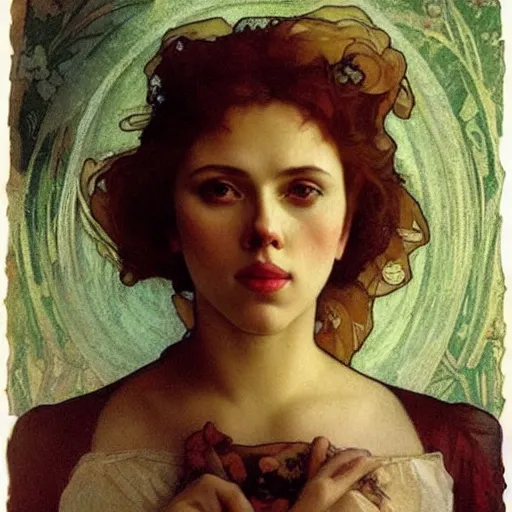 Image similar to “Scarlett Johansson portrait, Alfons Maria Mucha”