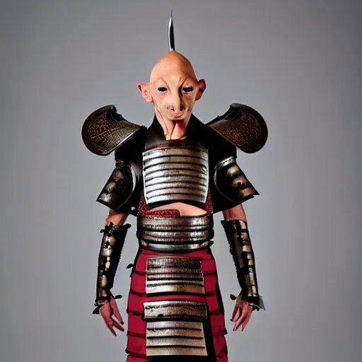 Image similar to samurai armor worn by hairless sphynx cat