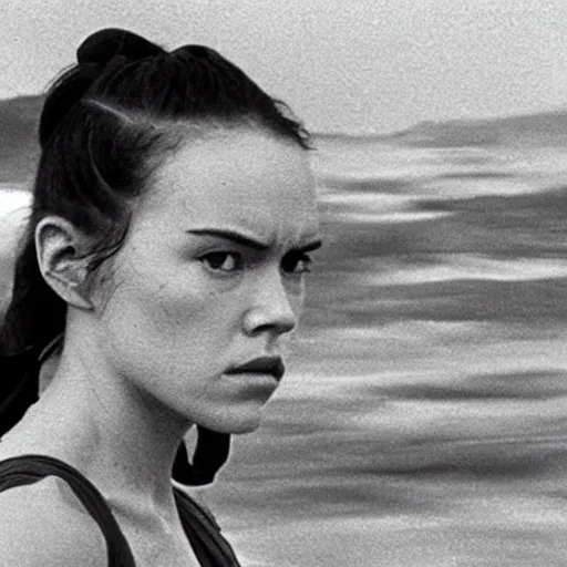 Image similar to film still, close up, daisy ridley as rey rising out of muddy vietnam river with a fierce look, face covered in mud, low camera angle at water level, night time, film still from apocalypse now ( 1 9 7 9 ), 2 6 mm.