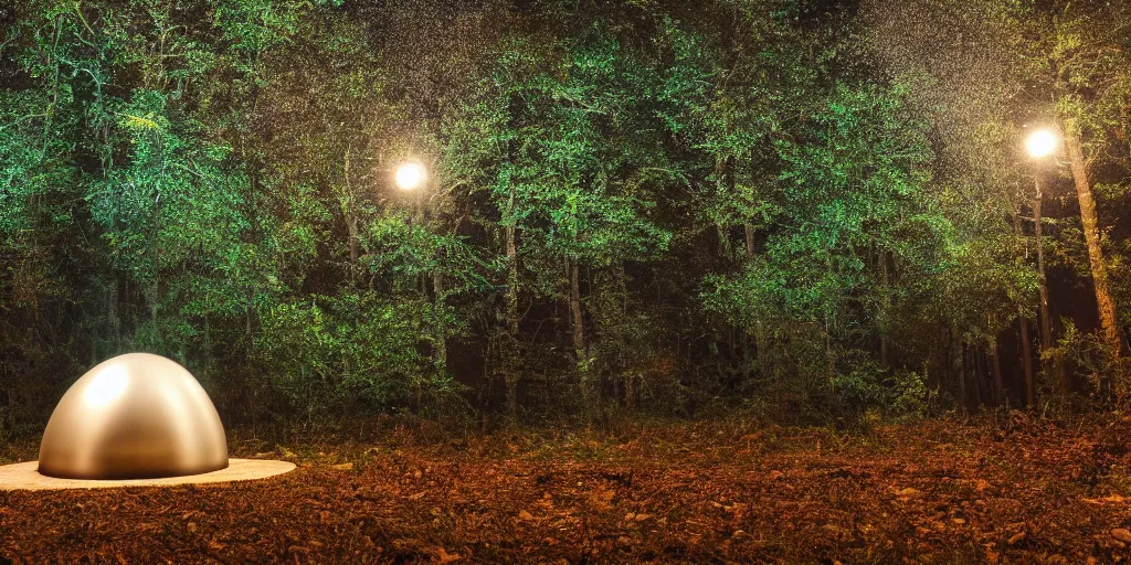 Image similar to an alien craft landed in the woods, shiny and metallic, night time, volumetric lighting, wide shot