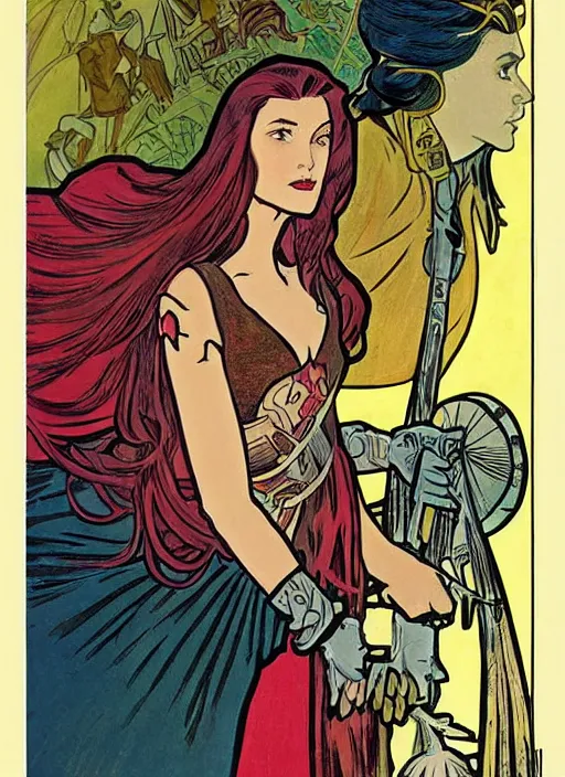 Prompt: head and shoulders portrait of a female knight. well composed, clean elegant painting, beautiful detailed face. comic book art by steve ditko and jack kirby and ( alphonse mucha )