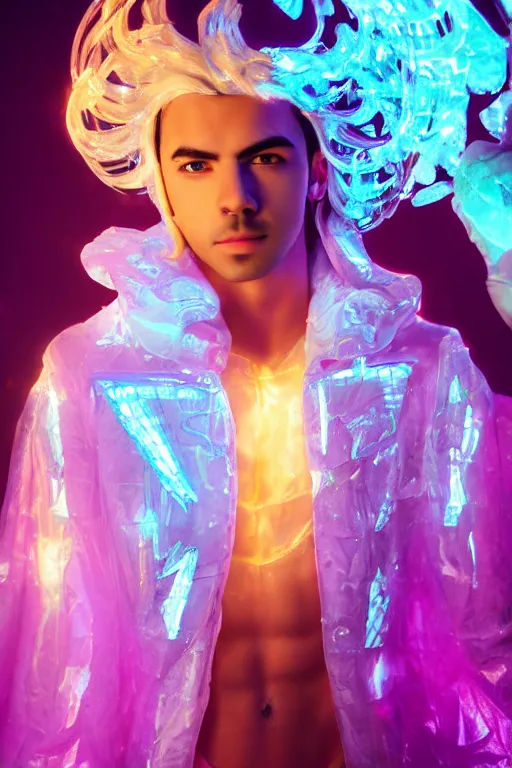 Prompt: photo of fullbody rococo and cyberpunk delicate neon crystalline sculpture of handsome muscular onyx albino marble prince joe jonas as an mint iridescent humanoid deity wearing pink plastic hooded cloak holding an onyx skull in a onyx space dungeon, reclining, glowing yellow face, crown of white diamonds, cinematic lighting, photorealistic, octane render, 8 k, depth of field, 3 d