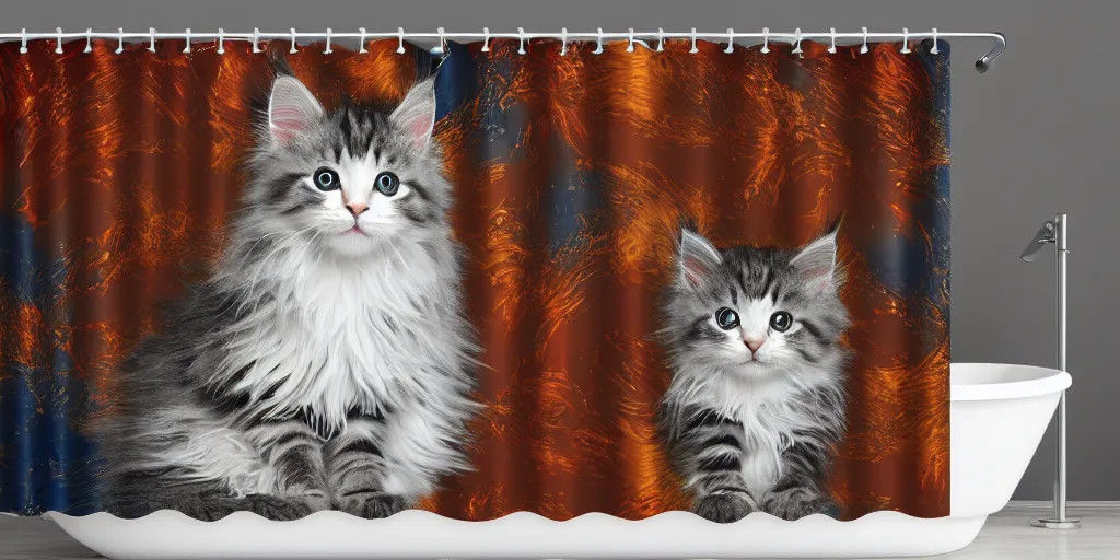 Image similar to a main coon kitten little mermaid shower curtain, product photography. 4 k, highly detailed.