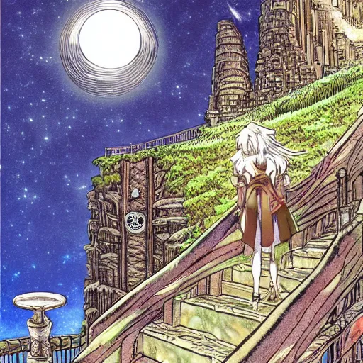 Image similar to beautiful girl looking from the edge of the mountain on the giant night city below, midnight, highly detailed colored manga page, illustration by kentaro miura and hiromu arakawa