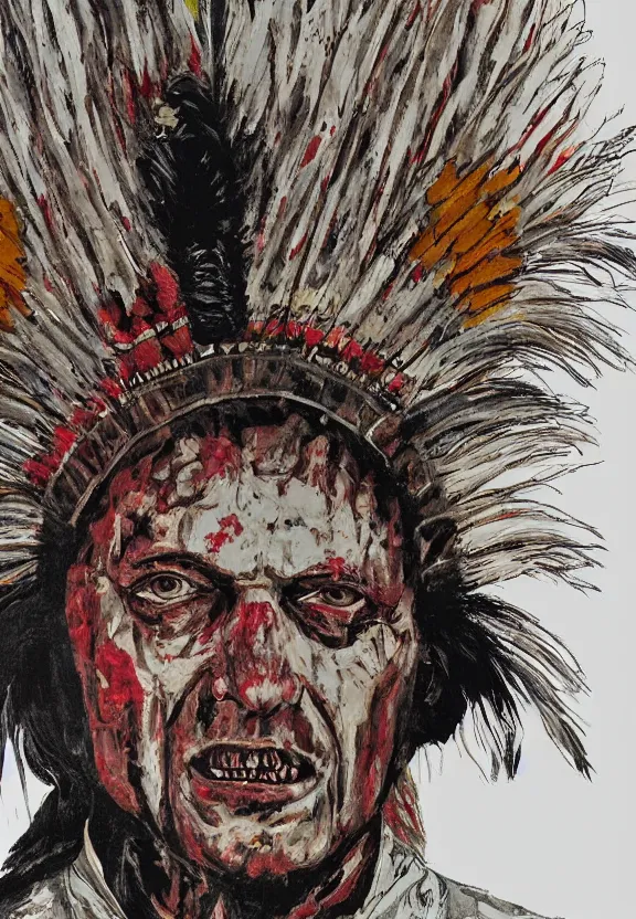 Prompt: close up portrait of zombie Pope Francis wearing a Native American Indian Feathered Headdress War Bonnet, dead redemption, by Julie Mehretu