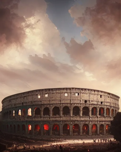 Prompt: roman colosseum by peter mohrbacher and dan mumford and nekro, cgsociety, volumetric light, 3 d render