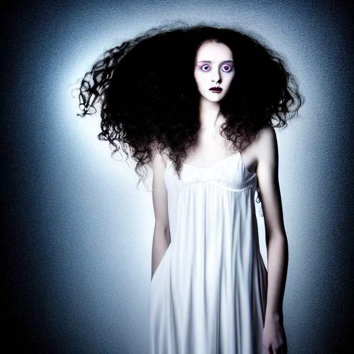 Prompt: simulated photography of a young woman with long curly hair, dressed in long white, light painting in style of Paolo Roversi, professional studio lighting, dark background, hyper realistic photography, fashion magazine style