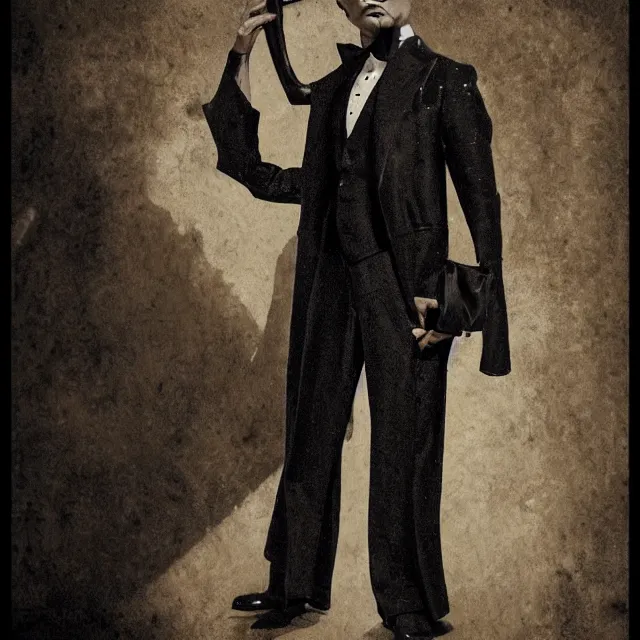 Image similar to photorealistic sepia kodachrome portrait of a 1 9 2 0 s era male occultist, well dressed, long - tailed tuxedo coat, atmospheric lighting, dark, brooding, painted, intricate, ultra detailed, well composed, best on artstation, cgsociety, epic, stunning, gorgeous, intricate detail, much wow, masterpiece