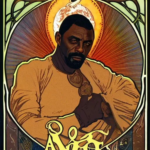 Prompt: idris elba portrait by louis - theophile hingre and alphonse mucha, realistic, sharp focus, zodiac signs, tarot cards, planets, ethereal, art nouveau, magic, moon, sun, crown, dreamy, royal, jewellery