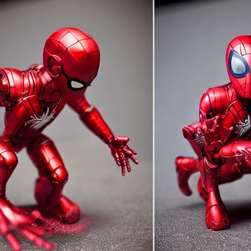 Image similar to a single iron man and spider - man hybrid, dslr, polaroid