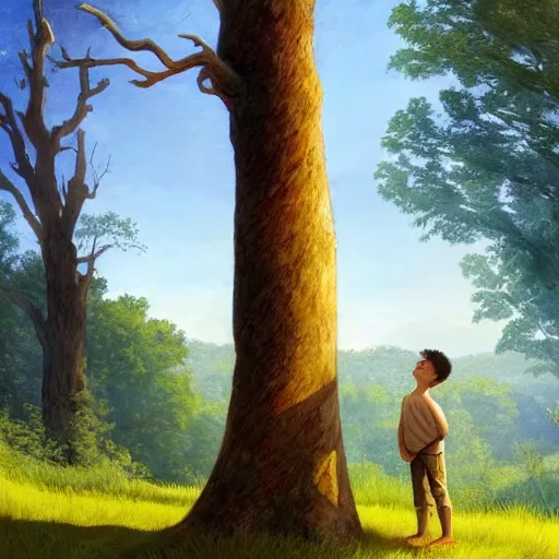 Image similar to A boy standing next to a tree looking at the blue sky with a beautiful river in front of him, Graceful body structure,cute,Symmetrical face,highly detailed,elegant,Marc Simonetti and Caspar David Friedrich, Trending on artstation