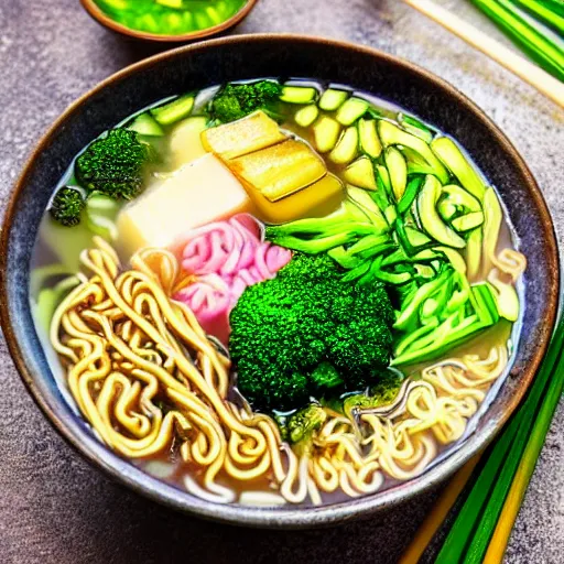 Prompt: a steaming bowl of ramen with weird ingredients, like toothpaste, broccoli and turnips. Food photography, bokeh