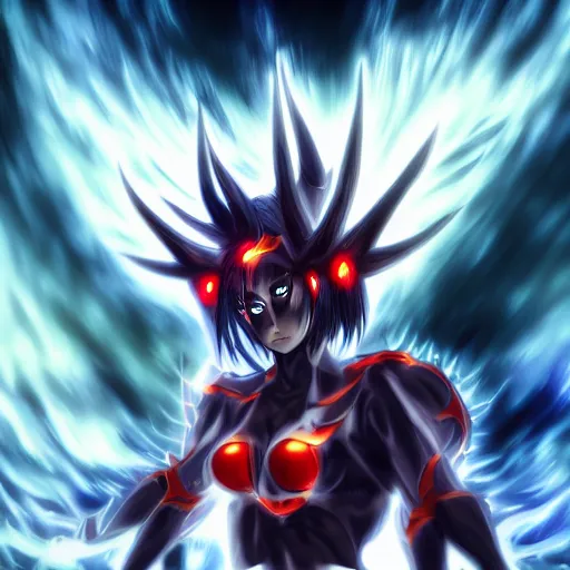 Image similar to portrait focus of a very hot!!! demon 3D anime girl, Obsidian armor wearing, dark volcano background, ash falling, {perfect face}, bokeh, inspired by Masami Kurumada, digital painting, high contrast, unreal engine render, volumetric lighting, high détail