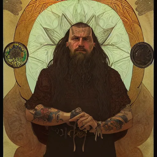 Prompt: portrait of tattooed Slavic Viking priest by Anato Finnstark, Alphonse Mucha, and Greg Rutkowski