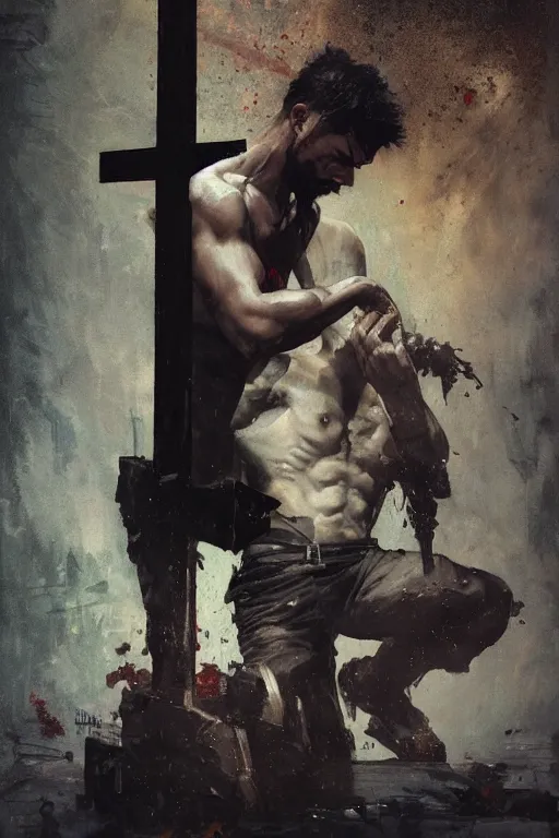 Image similar to man kneeling at the foot of a wooden cross, dramatic lighting art by Yoji Shinkawa by Richard Schmid by greg rutkowski by Sandra Chevrier by Jeremy Lipking cinematic dramatic, by frank miller, illustration by Ruan Jia and Mandy Jurgens and William-Adolphe Bouguereau, Artgerm, 4k, digital art, surreal, space dandy style, highly detailed, godsend, artstation, digital painting, concept art, smooth, sharp focus, illustration by Ruan Jia and Mandy Jurgens and William-Adolphe Bouguereau, Artgerm