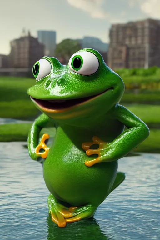 Prompt: portrait of a happy green eye frog holding a white teacup with the river in background, full body. pixar disney 4 k 3 d render funny animation movie oscar winning trending on artstation and behance, ratatouille style