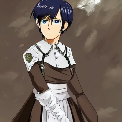 Prompt: Levi from Attack on Titan, wearing a maid outfit, fantasy, cottagecore