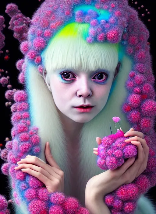 Image similar to hyper detailed 3d render like a Oil painting - kawaii portrait Aurora (white haired Singer Ferret) seen Eating of the Strangling network of yellowcake aerochrome and milky Fruit and Her delicate Hands hold of gossamer polyp blossoms bring iridescent fungal flowers whose spores black the foolish stars by Jacek Yerka, Mariusz Lewandowski, Houdini algorithmic generative render, Abstract brush strokes, Masterpiece, Edward Hopper and James Gilleard, Zdzislaw Beksinski, Mark Ryden, Wolfgang Lettl, hints of Yayoi Kasuma, octane render, 8k