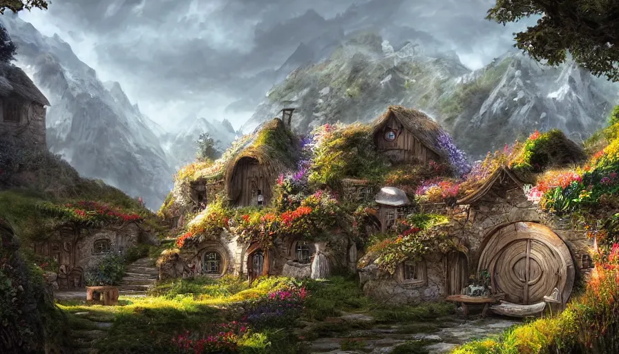 Image similar to concept art of a beautiful hobbit village, digital art, trending on artstation