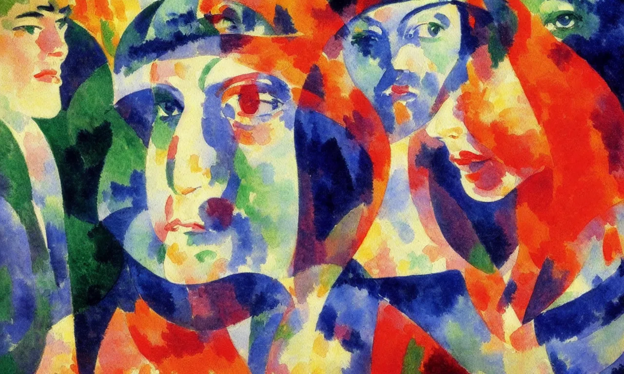 Prompt: impressionist watercolor painting by Claude Monet, surrealist extreme close-up of the mirrored self by Edward Hopper, by Dean Ellis, by Sonia Delaunay, by Jean Giraud, 1942, fisheye lens