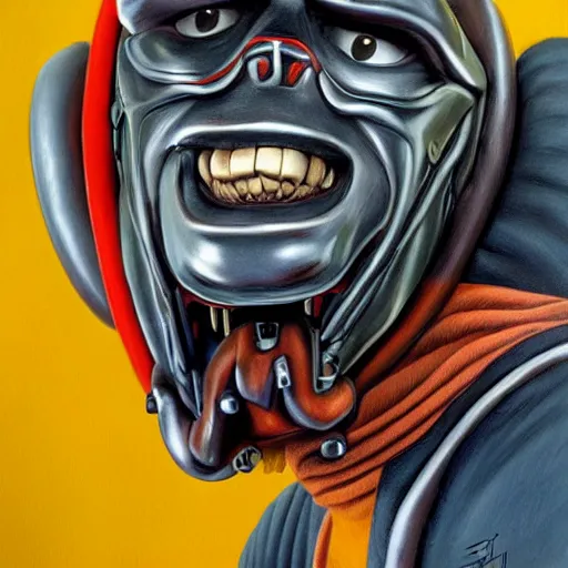 Image similar to beautiful lifelike painting of mf doom is monster zero, hyperreal detailed facial features and uv lighting, art by ed roth and basil wolverton