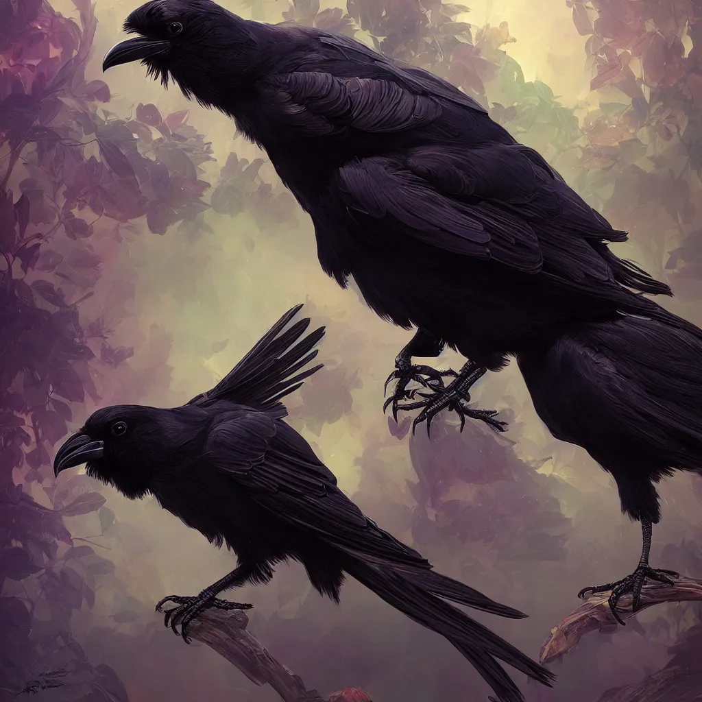 Prompt: beautiful black raven bird with ornatearmor, cute, intricate, highly detailed, digital painting, trending on artstation, concept art, smooth, sharp focus, backlit, rim light, vivid colors, illustration, unreal engine 5, 8 k, art by rossdraws and alphonse mucha