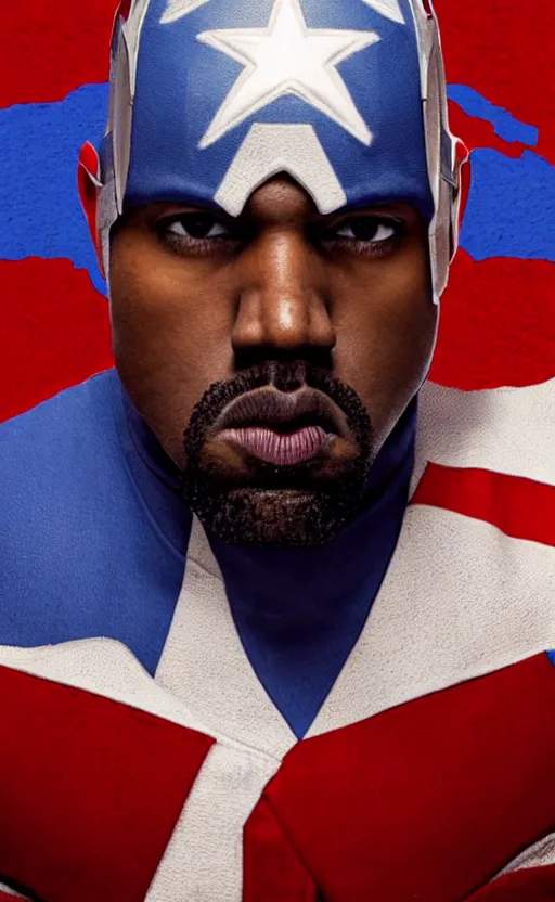 Image similar to Portrait of Kanye West as Captain America in Skyrim, splash art, movie still, cinematic lighting, dramatic, octane render, long lens, shallow depth of field, bokeh, anamorphic lens flare, 8k, hyper detailed, 35mm film grain