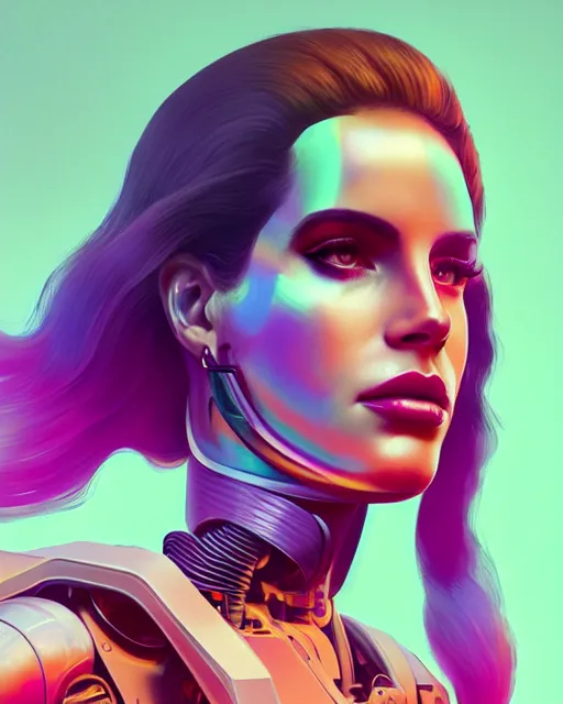 Image similar to portrait of cyborg lana del rey. intricate abstract. intricate artwork cyberpunk by tooth wu, wlop, beeple, dan mumford. octane render, trending on artstation, greg rutkowski ruan jia, cinematic lighting, hyper realism, high detail, octane render, 8 k, key art, blue and pink, iridescent accents