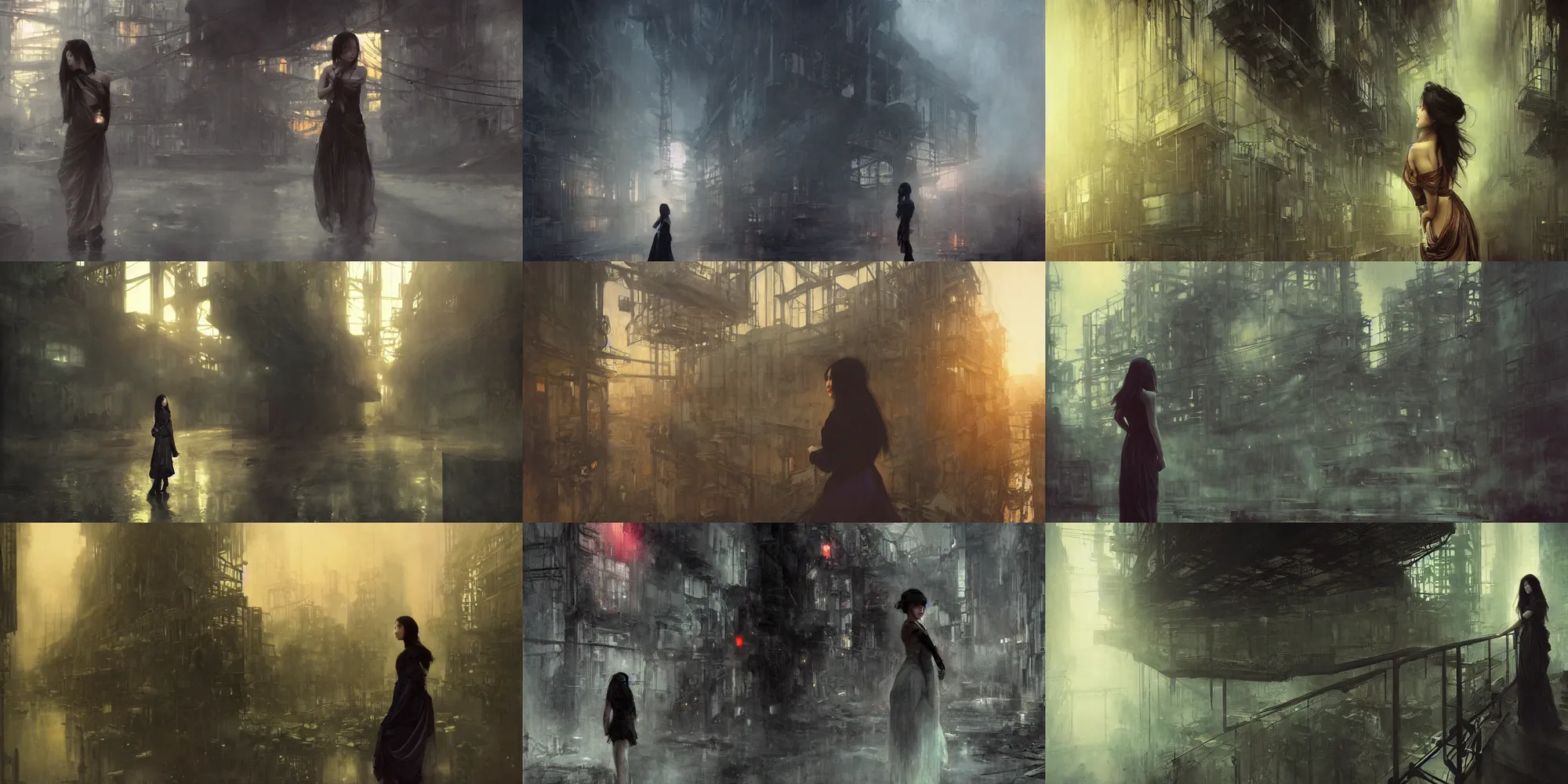 Prompt: a beautiful young asian woman in towering abandoned industrial city at dusk, dark moody lighting, by jeremy mann and alphonse mucha, dramatic lighting, ethereal, stunning, breathtaking, awe - inspiring award - winning, 8 k