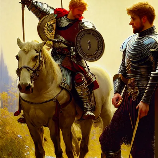 Image similar to attractive arthur pendragon and his attractive male knight, they are in love, natural lighting, path traced, highly detailed, high quality, digital painting, by gaston bussiere, craig mullins, alphonse mucha j. c. leyendecker