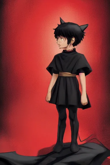 Image similar to little boy with cat ears in an black outfit with red cape. digital artwork made by lois van baarle and kentaro miura and marc simonetti, sharpness focus, inspired by hirohiko araki, anatomically correct, heroic composition, hero pose, smooth