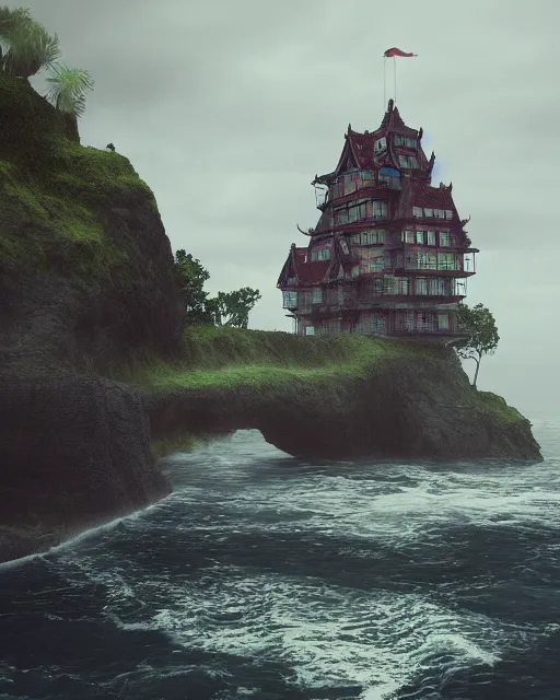 Prompt: a castle on an island. Dark stormy sea. intricate artwork by Tooth Wu and wlop and beeple. octane render, hyper realism, 8k