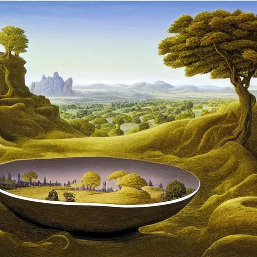 Prompt: a deep stone bowl containing a miniature landscape, surrealism, photorealistic, river and trees and hills, extremely detailed, by rob gonsalves and caspar david friedrich and clara peeters