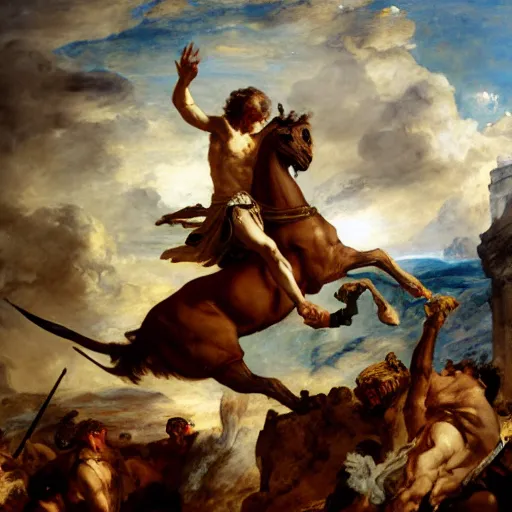 Prompt: bellerophon facing the chimera by eugene delacroix, masterpiece 4 k digital, highly detailed, trending on artstation, award winning