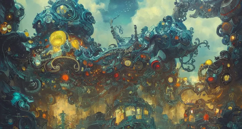 Prompt: multiversal otherworldly realm with flying mecha octopus with chic streets and shops and lush volcanic garden and intricate luxurious scifi homes, allegorical style, by peter mohrbacher, jeremy mann, francoise nielly, van gogh, ross tran, beautiful, award winning scenery