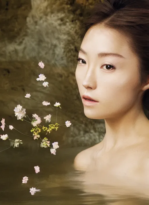 Image similar to Kodak Portra 400, 8K, soft light, volumetric lighting, highly detailed, Kasumi Arimura style 3/4 ,portrait photo of Japanese princess, the face emerges from a thermal water flowing down gold travertine terraces, with lotus flowers, a beautiful luxurious royal suit, intricate hair with highly detailed realistic beautiful flowers , Realistic, Refined, Highly Detailed, ethereal lighting colors scheme, outdoor fine art photography, Hyper realistic, photo realistic