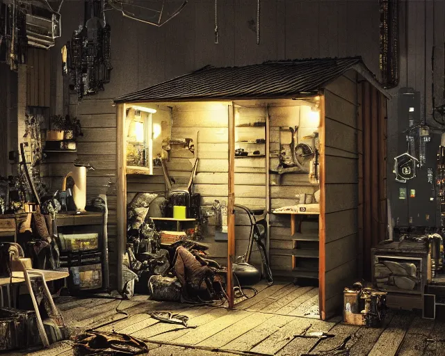 Prompt: IKEA catalogue photo of a cyberpunk shed, by Gustav Dore