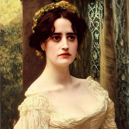 Prompt: portrait en buste of eva green in an edwardian dress by frederic william burton and frederic leighton, abundantly detailed, perfectly detailed eyes, annoyed expression