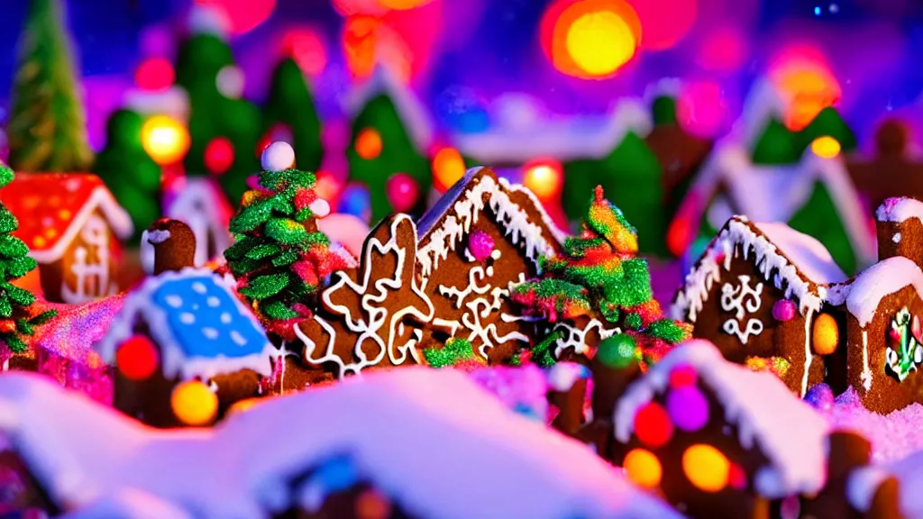 Prompt: closeup of colorful miniature gingerbread candy village at night, fantasy, fairytale, forest, halloween, snow, bokeh, depth of field 1 0 0 mm, cinematic scene, studio quality, visually stunning, unreal engine, octane render, trending on artstation, artgerm, cgsociety