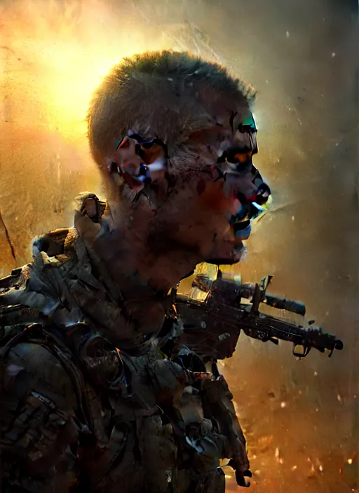 Image similar to closeup realistic portrait of a dystopian soldier in apocalyptic environment, backlit, oil painting, concept art, filip hodas, john howe, mike winkelmann, jessica rossier, andreas rocha, bruce pennington, albert bierstadt, peter mohrbacher, donato giancola, joseph christian leyendecker, wlop, boris vallejo