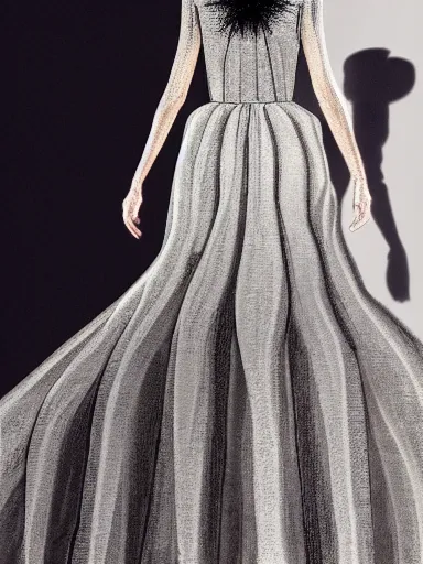 Prompt: a dress made by alexander mcqueen, model walking down a catwalk, photorealism, 4 k