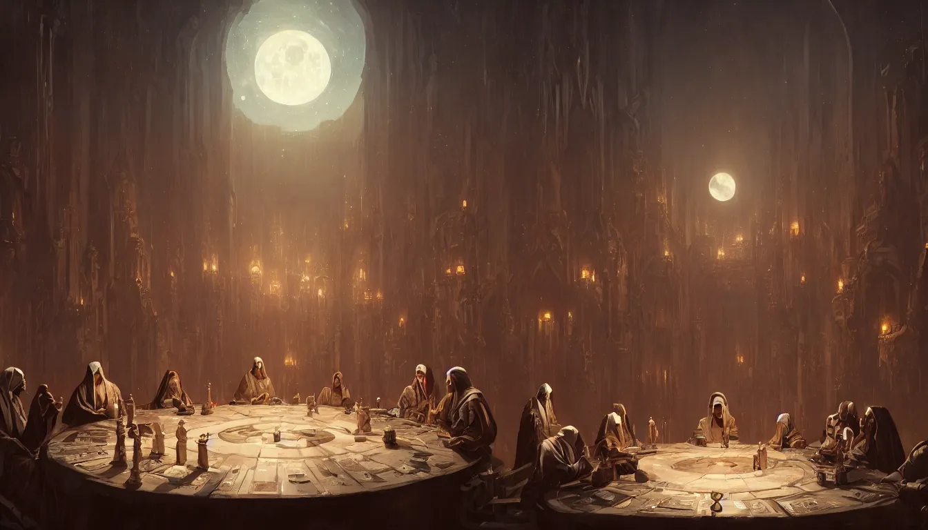 Image similar to A meeting of the council of elders, robed figures sat around a table, beautiful architecture, night time, stars visible, beautiful moon light, concept art, fantasy art, painted by Greg Rutkowski, trending on artstation, highly detailed, 8k