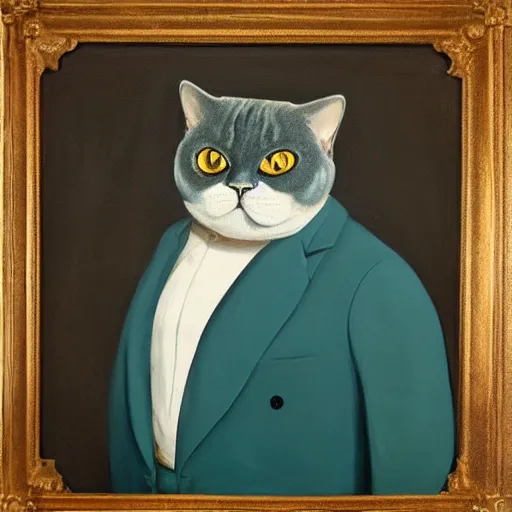 Image similar to ( ( ( ( ( man ) ) ) ) ) anthropomorphic british shorthair, wearing a turquoise tuxedo, oil on canvas, full shot, trending on artstation