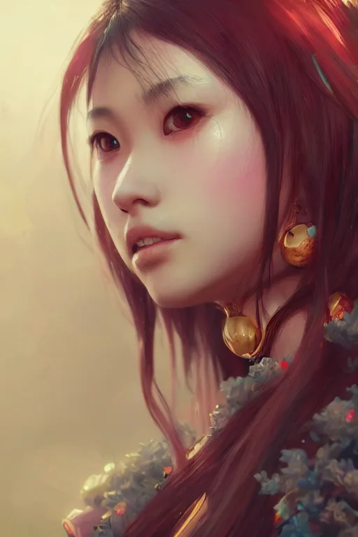 Image similar to portrait of a beautiful asian girl, anime, ruan jia, wlop, sha xi, fantasy, hyper detailed, octane render, concept art, ornaments, artstation