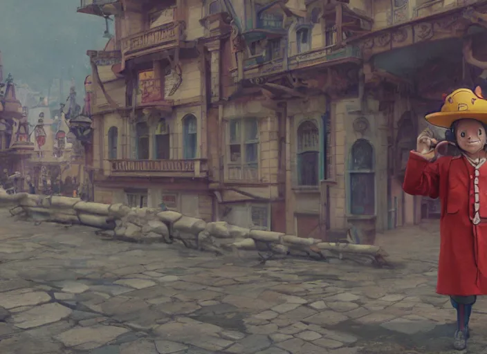 Prompt: a film still of cosplay of luffy the pirate in the grand budapest hotel ( 2 0 1 4 ), artwork by craig mullins, octane, unreal, trending on art station - n 6