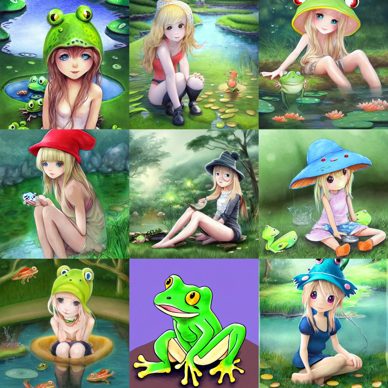 Prompt: cute blonde girl wearing a frog hat sitting by a pond, surrounded by cute little frogs, trending on artstation, anime style, well drawn, award winning, digital art, 2 d, highly detailed, very calm and wholesome, illustration, pencil and watercolour, realistic