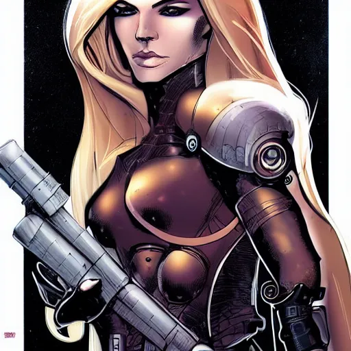 Image similar to Rand Holmes comic art, stunning female body, cyborg, eastern spy, evil smile, symmetrical face, symmetrical eyes, tailored clothing, long straight blonde hair, weapons