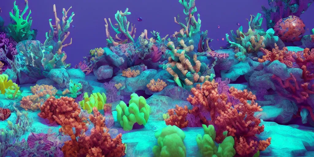 Image similar to majestic neon glowing coral reef by fabian jimenez and Jonathan solter, hyper realism, octane render